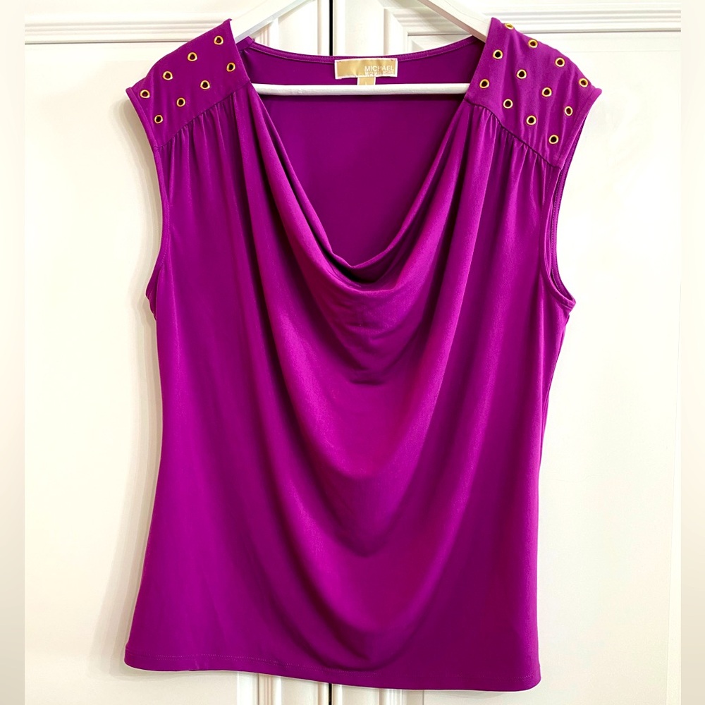 Michael Michael Kors Womens Sz Large Purple Short Sleeve Draped Cowl Neck Blouse